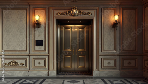 Antique style, hall and doors of a classic elevator in an old-fashioned hotel or palace, digital art, with white tones