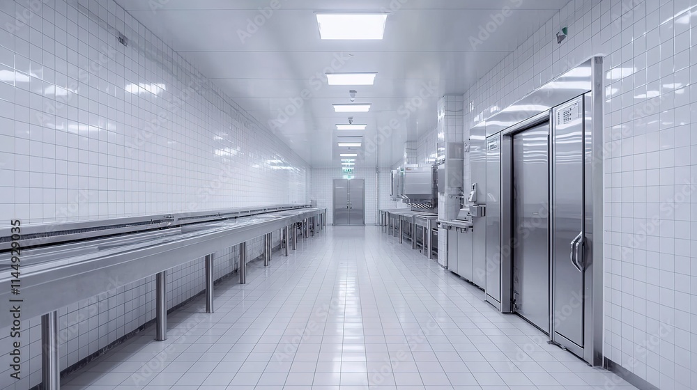 A factory interior designed for cleanliness with easy-to-clean surfaces and layouts A factory interior designed for cleanliness with easy-to-clean surfaces and layouts