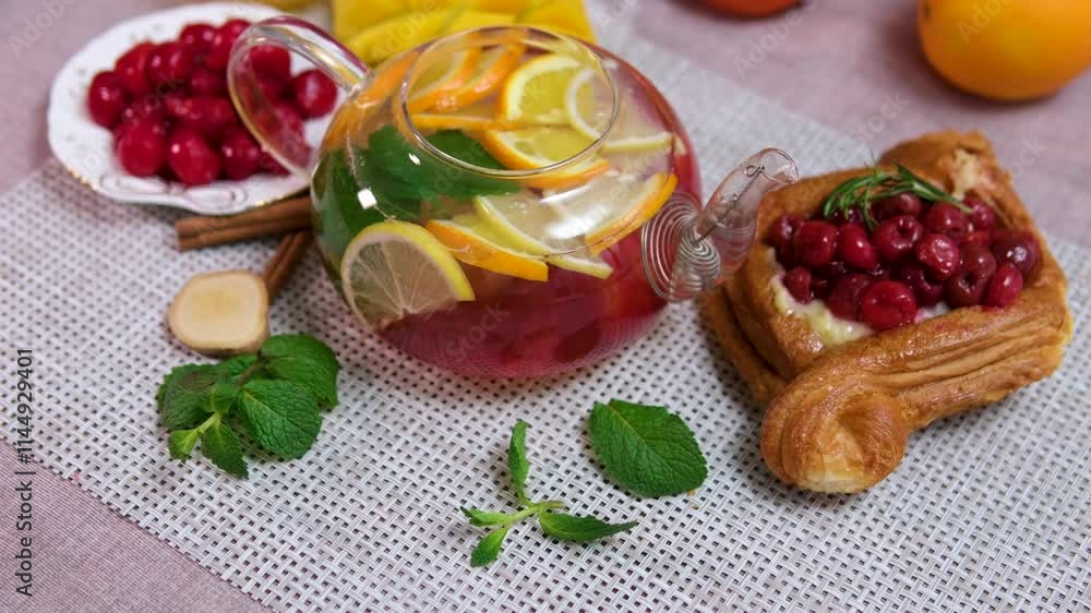 Cherry raspberry tea with orange lemon and meat delicious cherry cakes Cherry raspberry tea with orange lemon and meat delicious cherry cakes