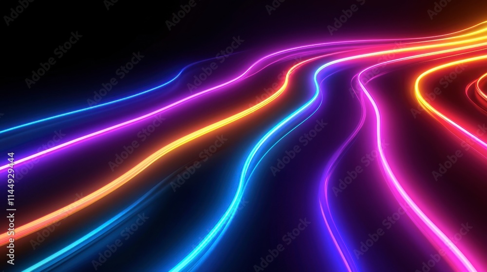 Colorful Neon Light Trails on Black Background in Abstract Design Colorful Neon Light Trails on Black Background in Abstract Design