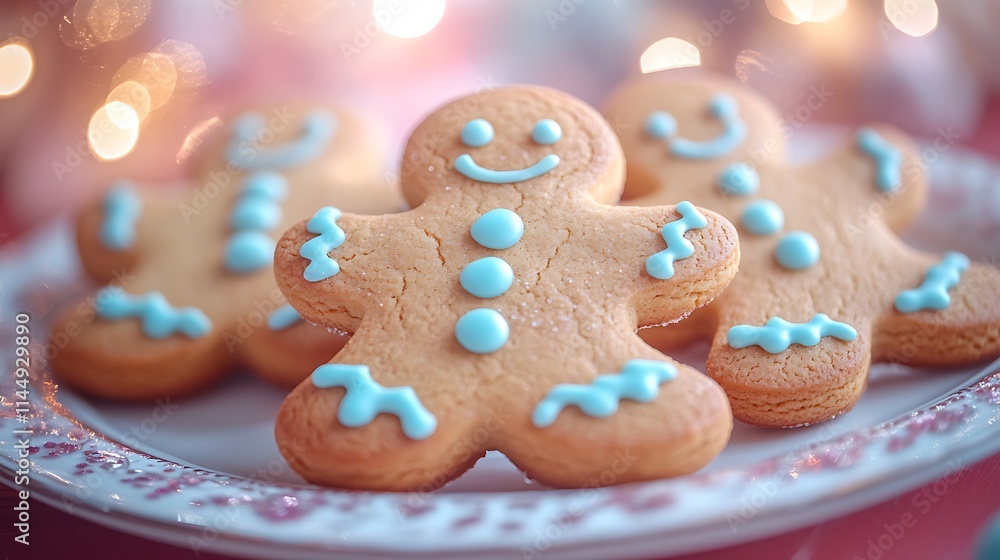 A festive plate of holiday cookies shaped like gingerbread men and decorated with icing on a red table A festive plate of holiday cookies shaped like gingerbread men and decorated with icing on a red table