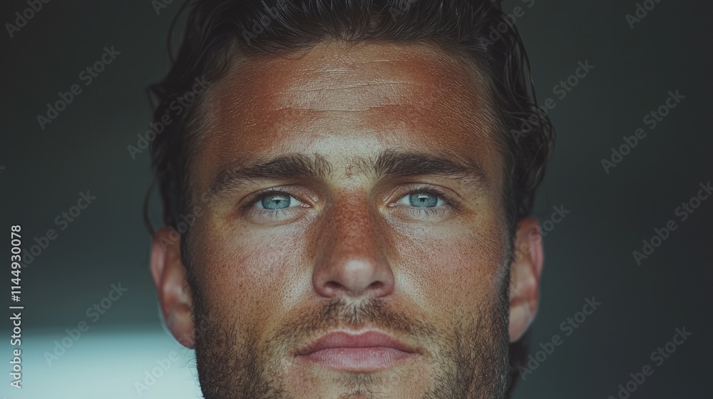 Close-up portrait of a handsome man with blue eyes and sun-kissed skin. Close-up portrait of a handsome man with blue eyes and sun-kissed skin.