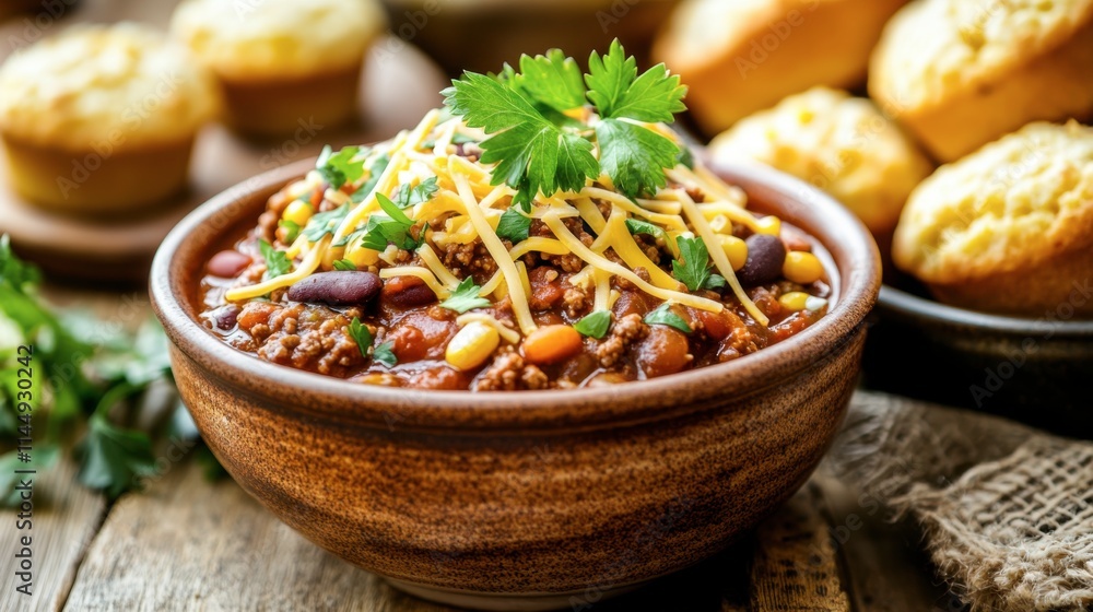 Fototapeta premium Hearty Chili with Beans and Corn in Rustic Bowl with Cornbread