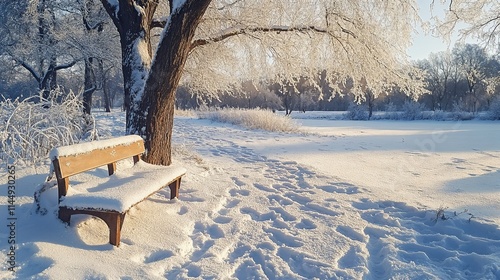 Bench in the park, winter. Open snowy field with footprints. 
