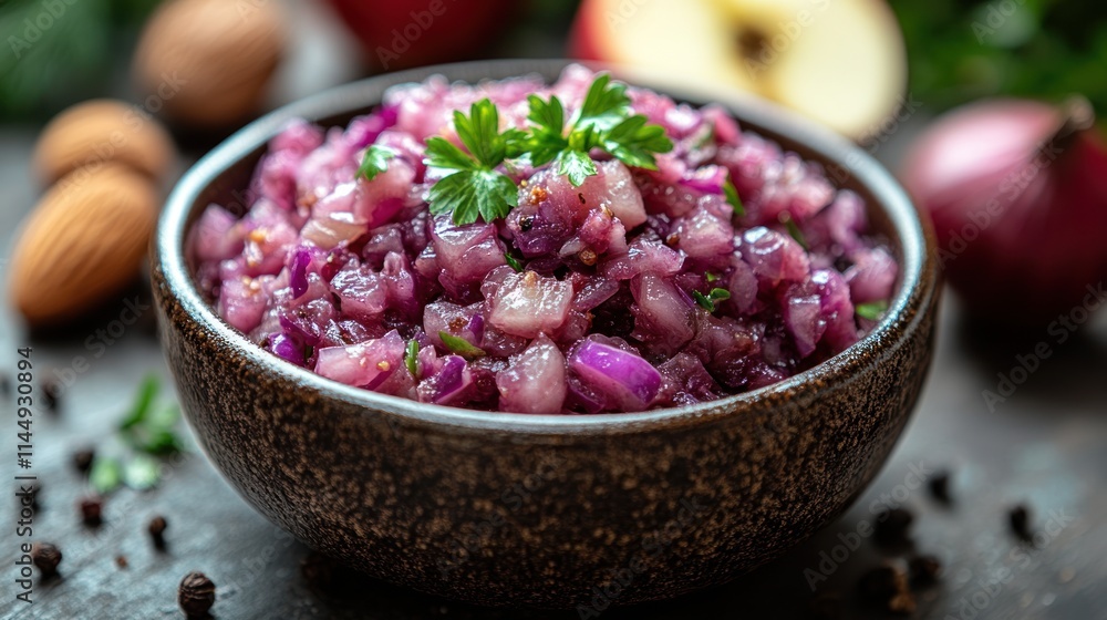A bowl of purple onion salad garnished with herbs.
