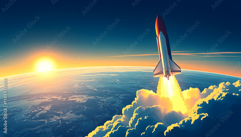 Obraz premium Space Rocket Launch at Sunrise, with white tones