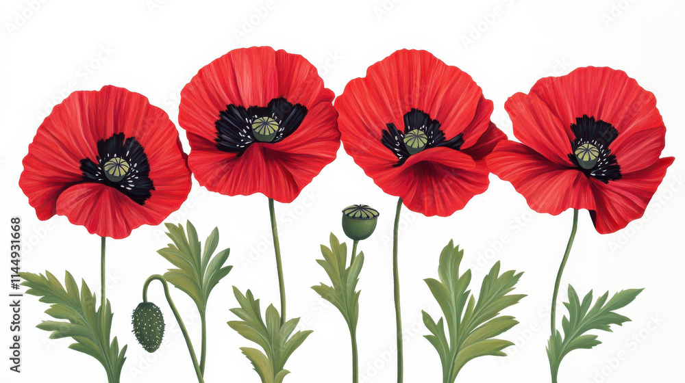 Obraz premium A crisp depiction of vivid red poppy flowers with black centers, gracefully arched stems, and fine details in the petals and leaves. The bold colors pop distinctly against the pure white background, c