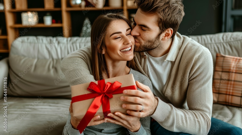 Happy young woman giving a gift to her husband at home. The happy couple is hugging and kissing, creating a Valentine's Day concept in a home background Happy young woman giving a gift to her husband at home. The happy couple is hugging and kissing, creating a Valentine's Day concept in a home background