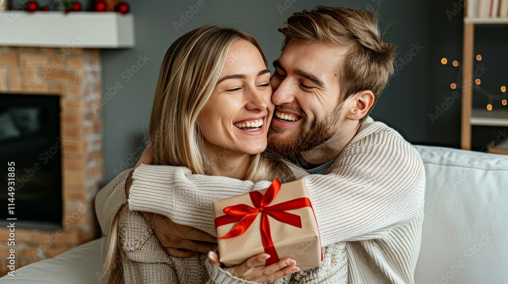 Happy young woman giving a gift to her husband at home. The happy couple is hugging and kissing, creating a Valentine's Day concept in a home background Happy young woman giving a gift to her husband at home. The happy couple is hugging and kissing, creating a Valentine's Day concept in a home background