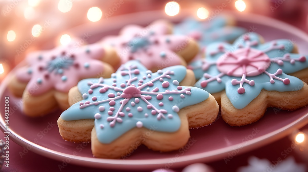 A plate of sugar cookies shaped like snowflakes with colorful icing on a red table A plate of sugar cookies shaped like snowflakes with colorful icing on a red table