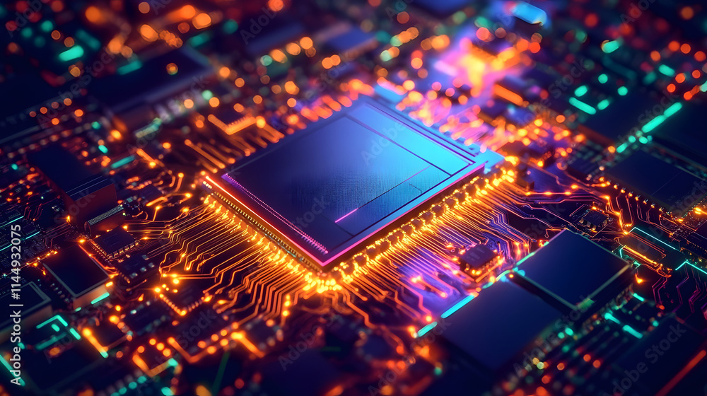 A central processor is highlighted by glowing circuit pathways, showcasing advanced technology A central processor is highlighted by glowing circuit pathways, showcasing advanced technology