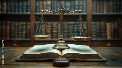 Justice scales on ancient law book in library.