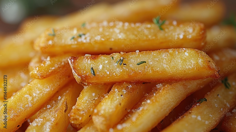 Golden fries sprinkled with seasoning and herbs. Golden fries sprinkled with seasoning and herbs.
