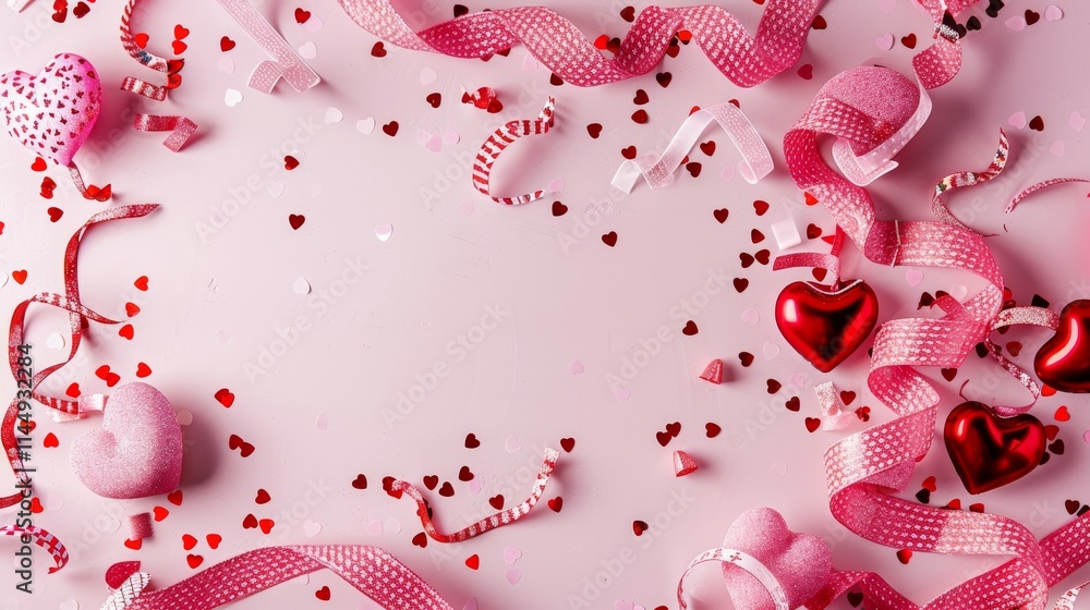 Valentine's Day background with pink and red hearts, and scattered confetti on a pastel pink surface. Valentine's Day background with pink and red hearts, and scattered confetti on a pastel pink surface.