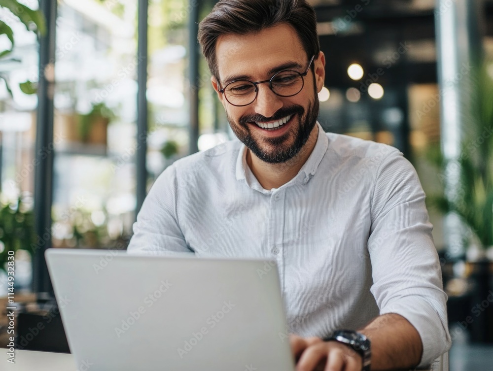 Smiling Businessman Working on Laptop Smiling Businessman Working on Laptop