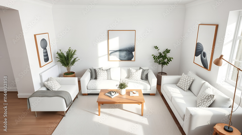 bright living room with white sofas, a coffee table, and framed art bright living room with white sofas, a coffee table, and framed art