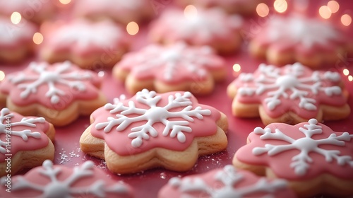 A collection of freshly baked cookies with red and white icing shaped like snowflakes on a red backdrop photo