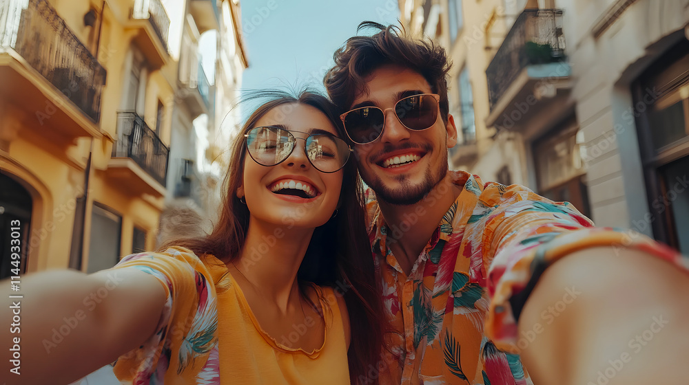 A smiling couple taking a selfie with their smartphone while enjoying a summer day on the street. A smiling couple taking a selfie with their smartphone while enjoying a summer day on the street.