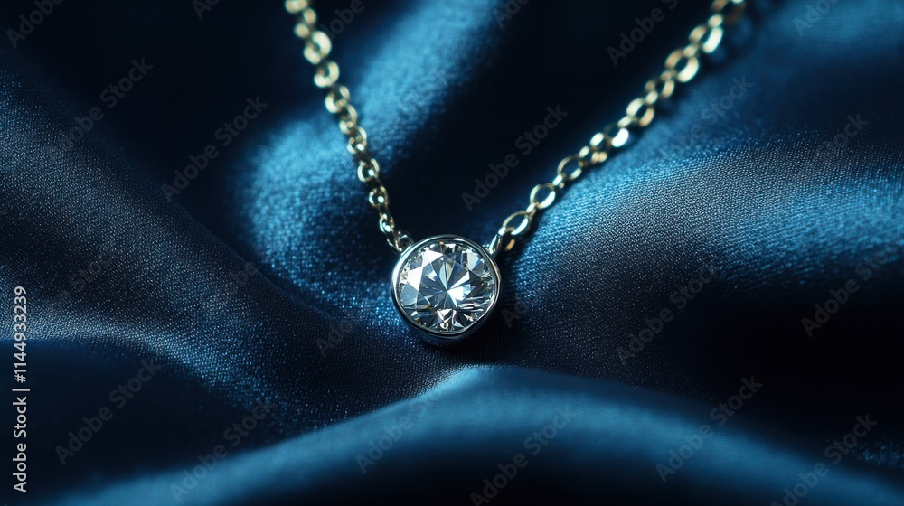 Elegant Silver Necklace with Round Diamond on Blue Silk Background Elegant Silver Necklace with Round Diamond on Blue Silk Background
