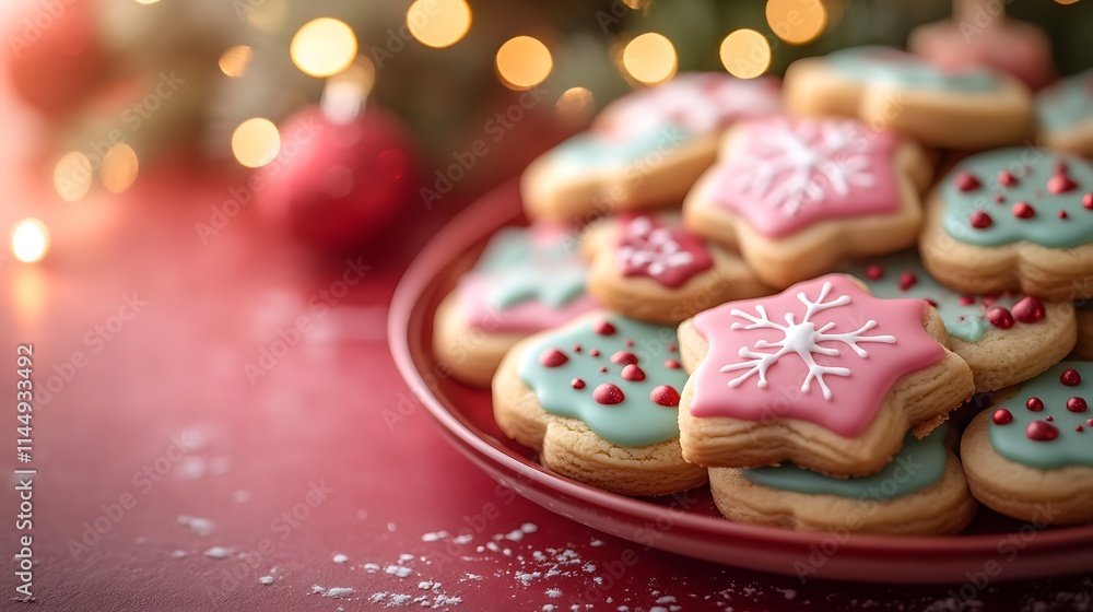 A plate of holiday cookies with red and green icing designs arranged on a red background A plate of holiday cookies with red and green icing designs arranged on a red background