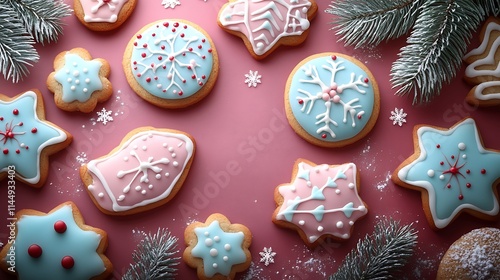 A variety of holiday cookies with detailed royal icing designs on a red background photo