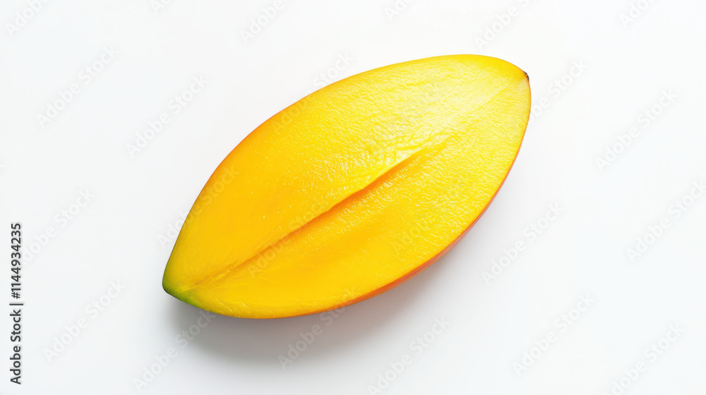 A vivid cut-out of a ripe mango slice with a glossy texture, perfectly smooth edges, and a soft gradient from deep orange to yellow, positioned on a pristine white background. The subject is centered A vivid cut-out of a ripe mango slice with a glossy texture, perfectly smooth edges, and a soft gradient from deep orange to yellow, positioned on a pristine white background. The subject is centered