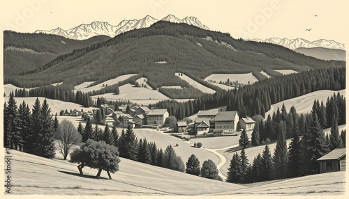 Valley Plainfaing in the Vosges, vintage engraving, retro style, with white tones photo