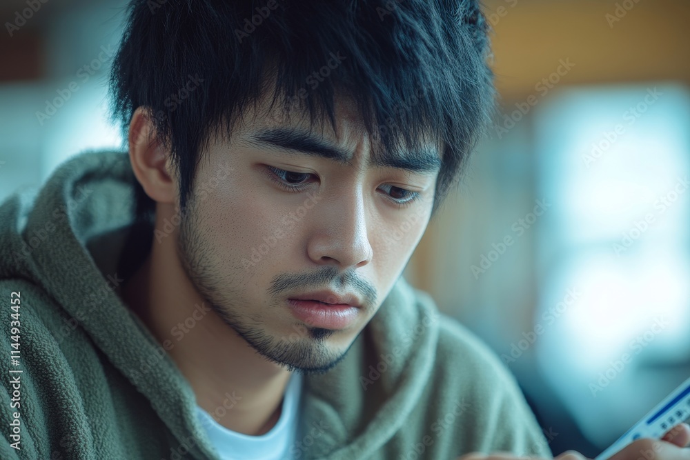 Seasonal cold sickness in people concept, Sick asian man looking at thermometer during measuring his body temperature feel exhausted and headache from, Generative AI Seasonal cold sickness in people concept, Sick asian man looking at thermometer during measuring his body temperature feel exhausted and headache from, Generative AI