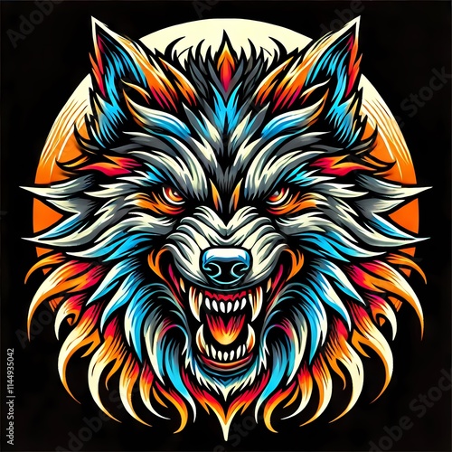 A vibrant and fierce wolf illustration featuring bold colors and intricate details. photo