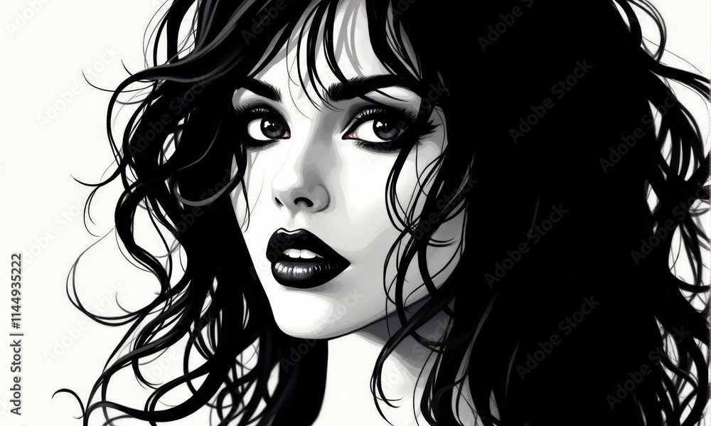 A black and white drawing of a woman with long hair A black and white drawing of a woman with long hair