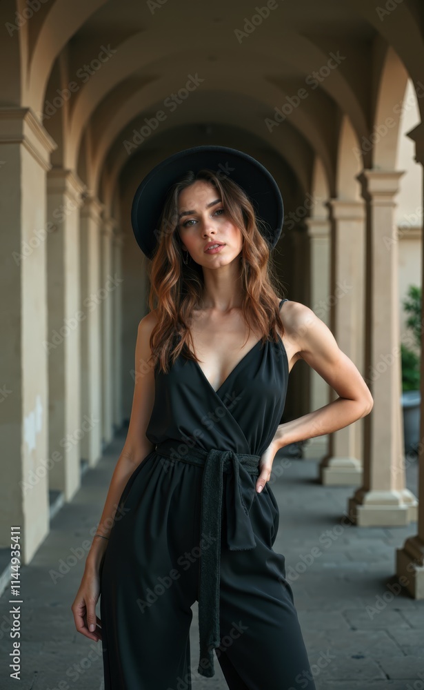 A woman wearing a black jumpsuit and a black hat A woman wearing a black jumpsuit and a black hat