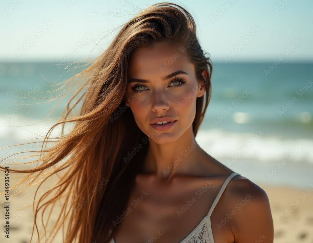 A woman with long brown hair standing on a beach A woman with long brown hair standing on a beach