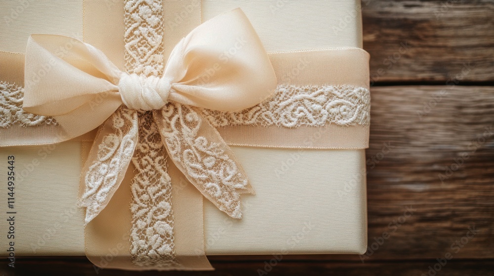 Elegant Gift Box with Bow and Decorative Ribbon on Rustic Wood Elegant Gift Box with Bow and Decorative Ribbon on Rustic Wood