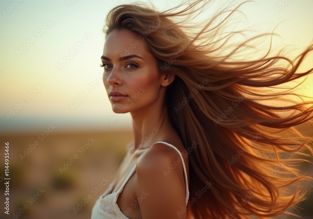 A woman with long brown hair blowing in the wind A woman with long brown hair blowing in the wind