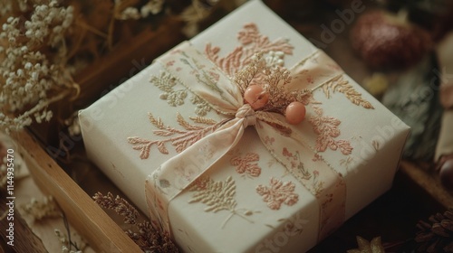 Elegant Gift Box with Floral Embroidery and Decorative Ribbon