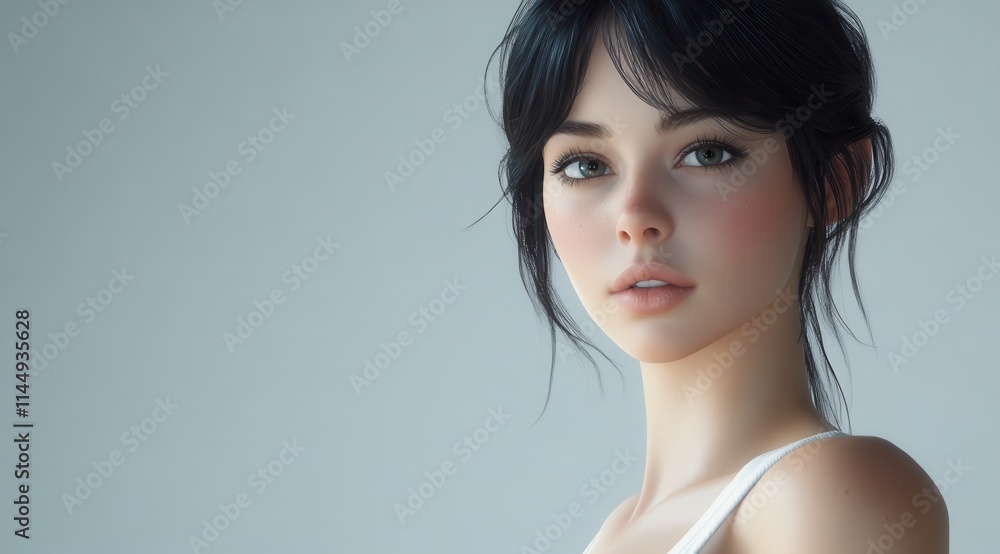 Beautiful Young Woman with Black Ponytail, Brown Eyes, and White Tank Top Beautiful Young Woman with Black Ponytail, Brown Eyes, and White Tank Top