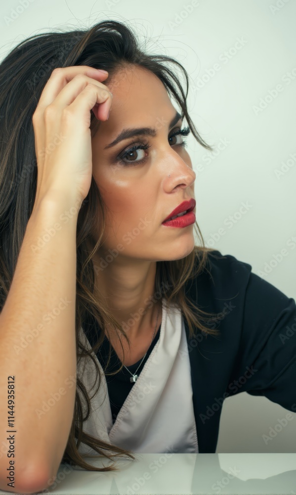 Fototapeta premium A woman sitting at a table with her hand on her head
