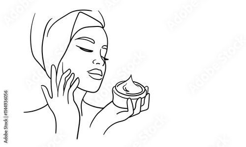 Elegant woman in spa salon continuous line art drawing isolated on white background. Self care and beauty. Vector illustration