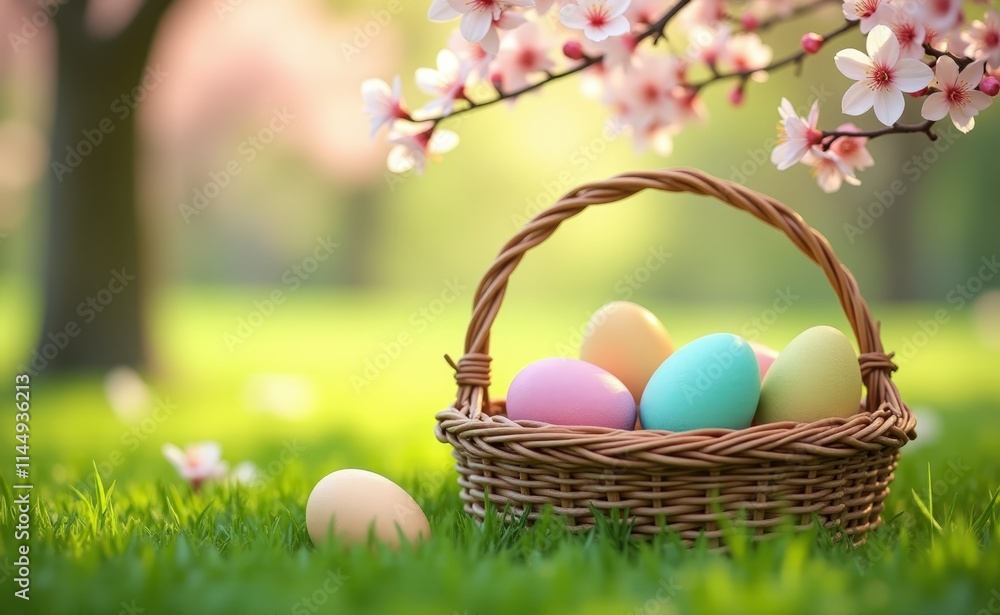 A basket full of colorful eggs sitting in the grass A basket full of colorful eggs sitting in the grass