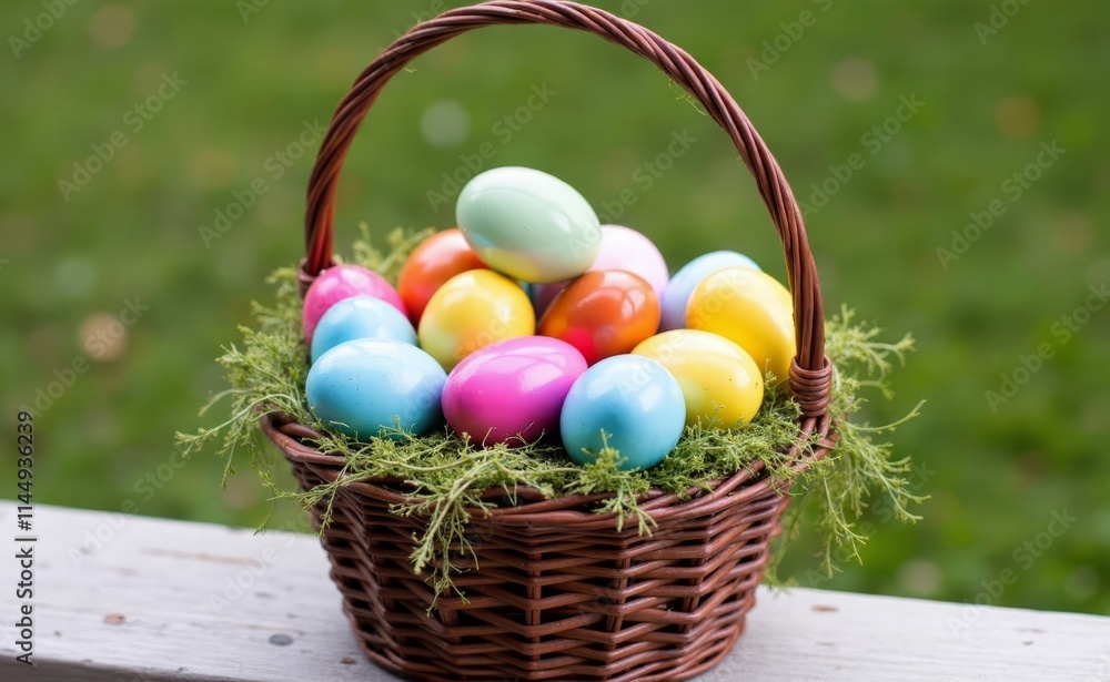 A basket full of colorful easter eggs sitting on a wooden table A basket full of colorful easter eggs sitting on a wooden table