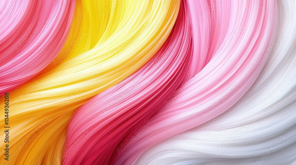 Naklejka premium Abstract 3D render of flowing wavy lines in vibrant pastel colors including pink, yellow, and white, creating a smooth and soft textured pattern.