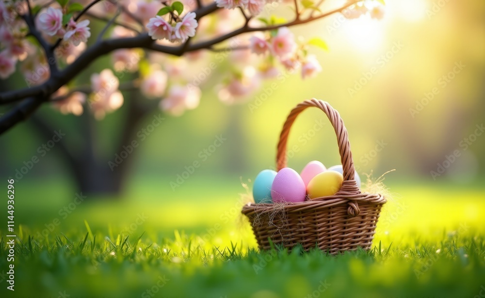 A basket full of colorful easter eggs sitting in the grass A basket full of colorful easter eggs sitting in the grass