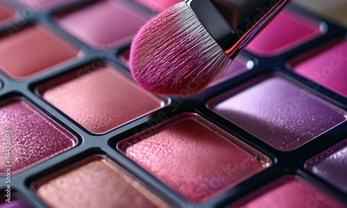 A close-up of a makeup brush applying color to a vibrant eyeshadow palette.