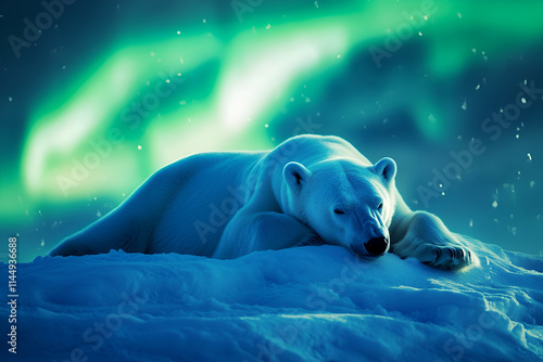 A polar bear peacefully resting on snow under the vibrant northern lights in the Arctic photo