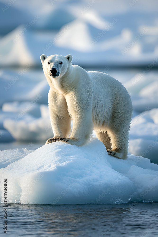 A polar bear standing confidently on an ice floe amidst the frozen Arctic landscape A polar bear standing confidently on an ice floe amidst the frozen Arctic landscape
