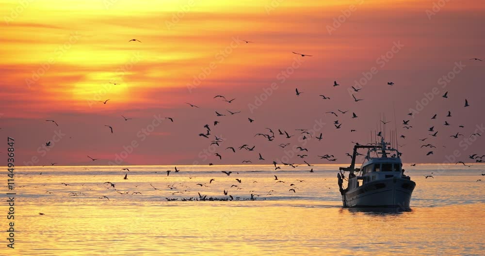 Fishing boats coming back to the harbour at sunset, France