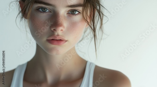 Beautiful Young Woman with Black Ponytail, Brown Eyes, and White Tank Top photo