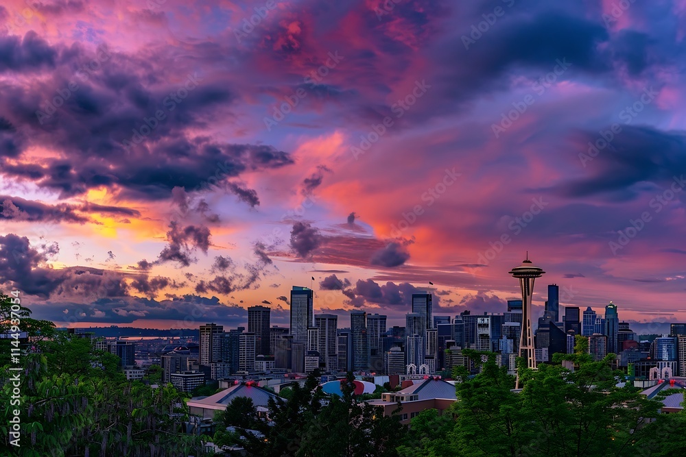 Obraz premium Dramatic sunset over the city of Seattle, Washington, USA.