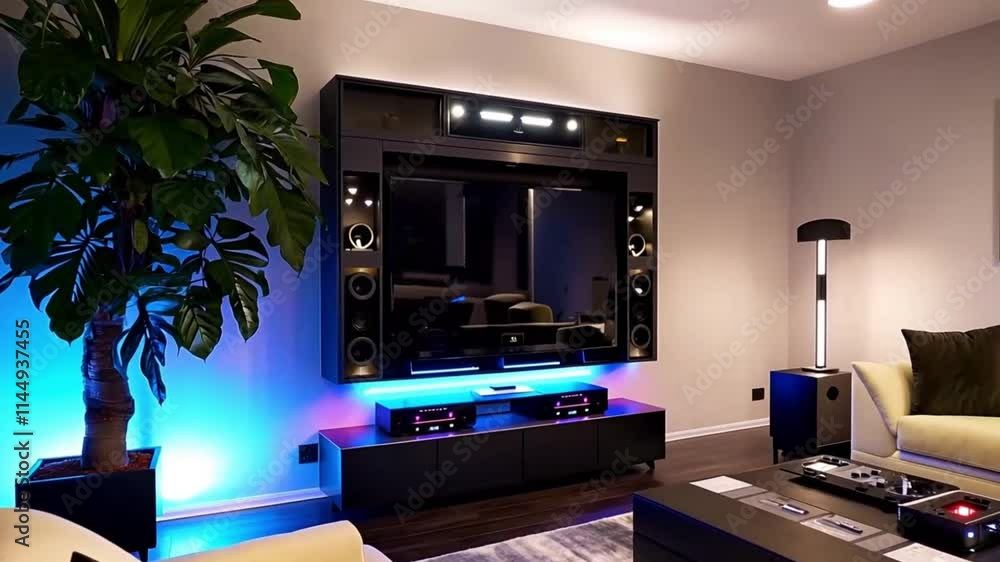 A contemporary living room set-up with a sleek entertainment system, illuminated by smart lighting, complete with an oversized indoor plant.