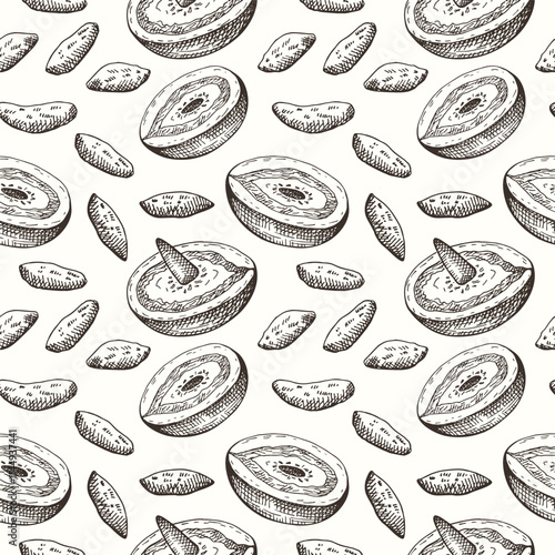 Vector seamless pattern with woody plant Dipteryx fragrans, fruits and seeds. Hand drawn repeating background with Mexican vanilla Tonka beans. Seasoning, incense, talisman, food ingredient